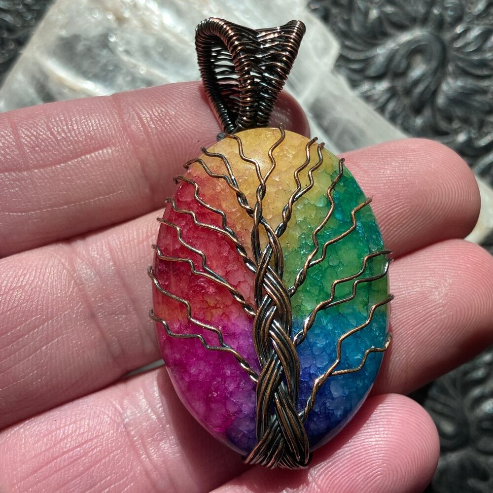Rainbow Quartz Wire Wrapped Tree of Life Pendant Crystal Stone Jewelry